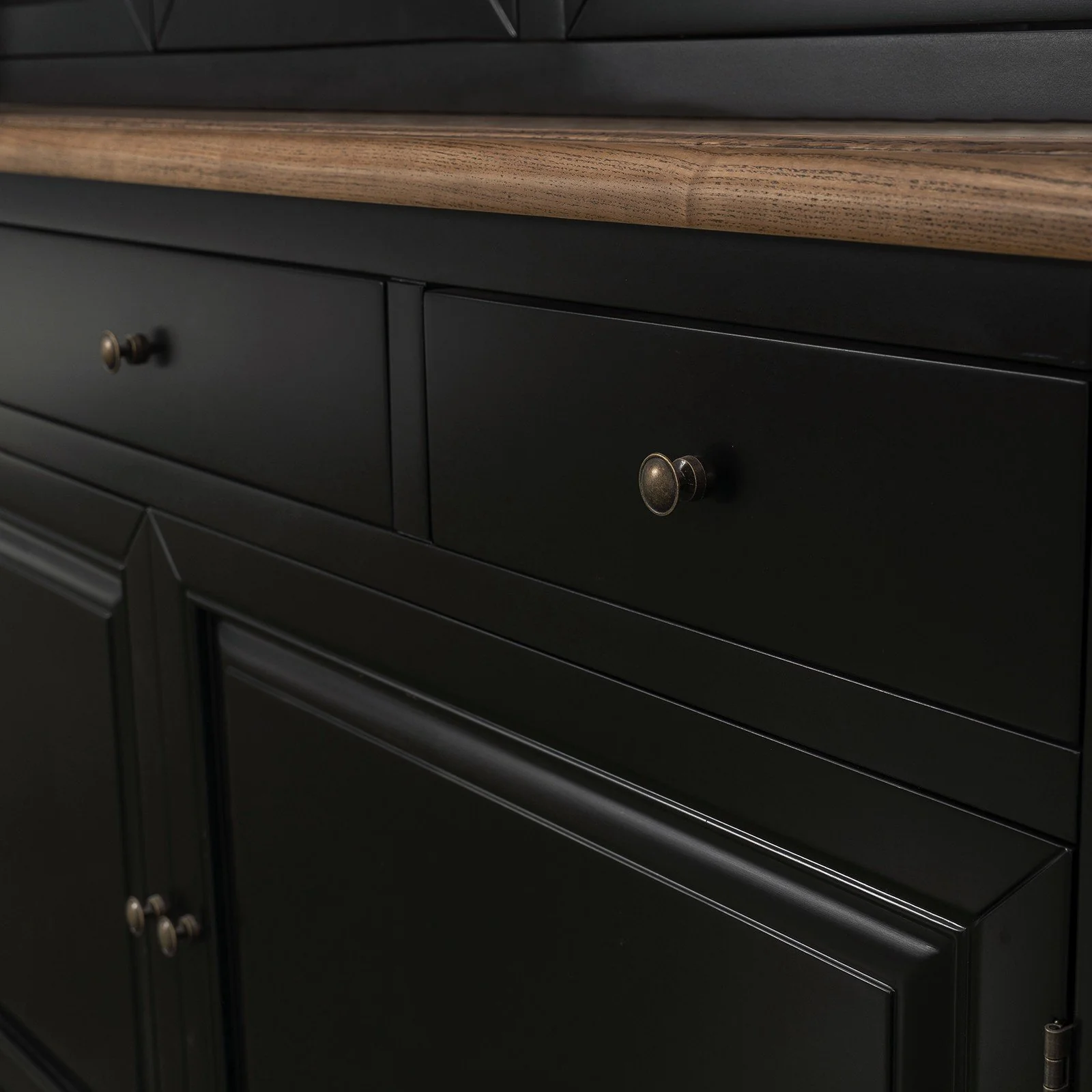 Hamptons Buffet & Hutch Glass Door Library Bookcase/ Display Cupboard with Oak Timber Top (Black/White) - Image 11