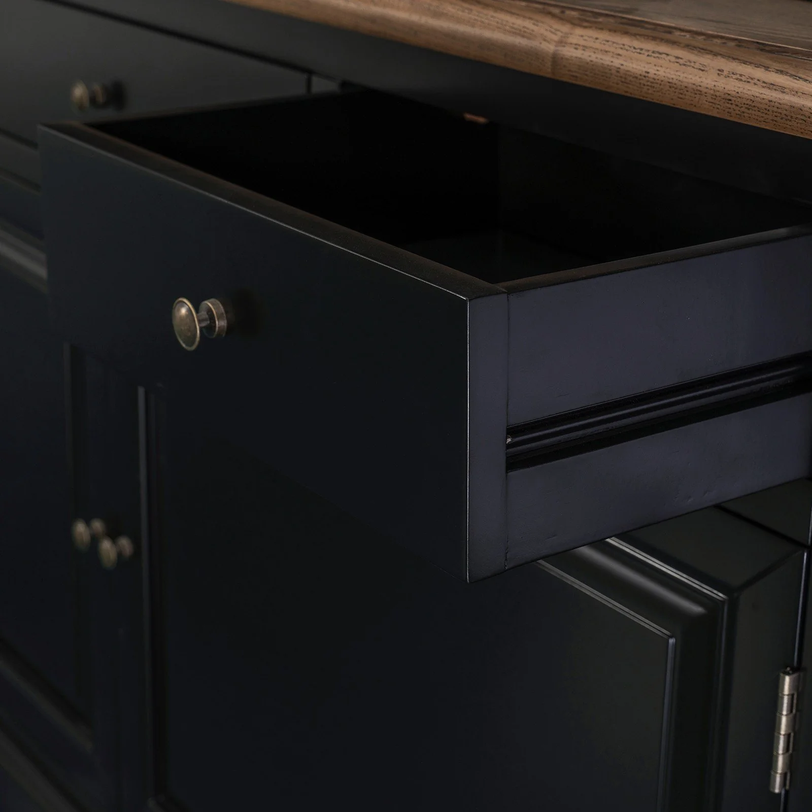 Hamptons Buffet & Hutch Glass Door Library Bookcase/ Display Cupboard with Oak Timber Top (Black/White) - Image 12