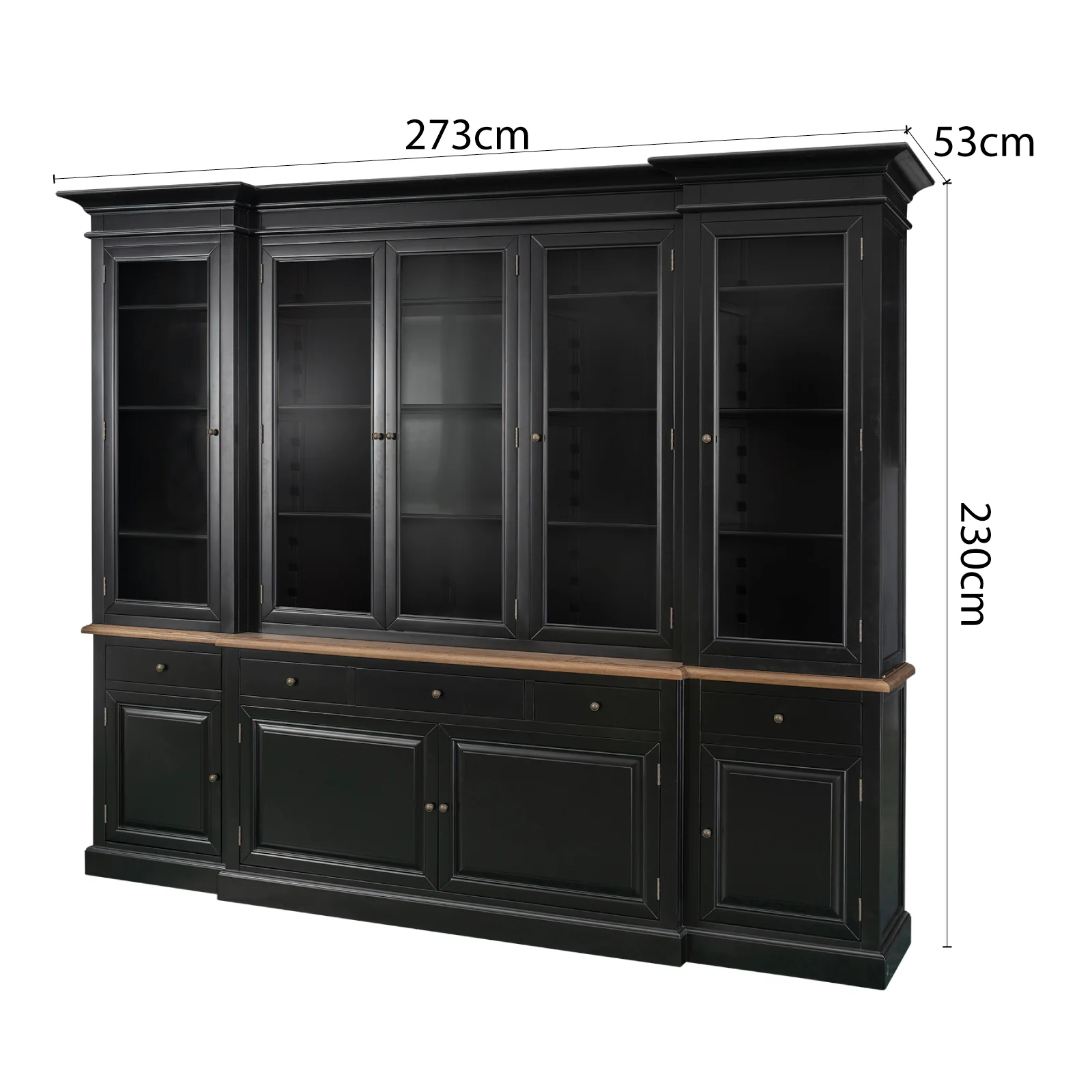 Hamptons Buffet & Hutch Glass Door Library Bookcase/ Display Cupboard with Oak Timber Top (Black/White) - Image 16