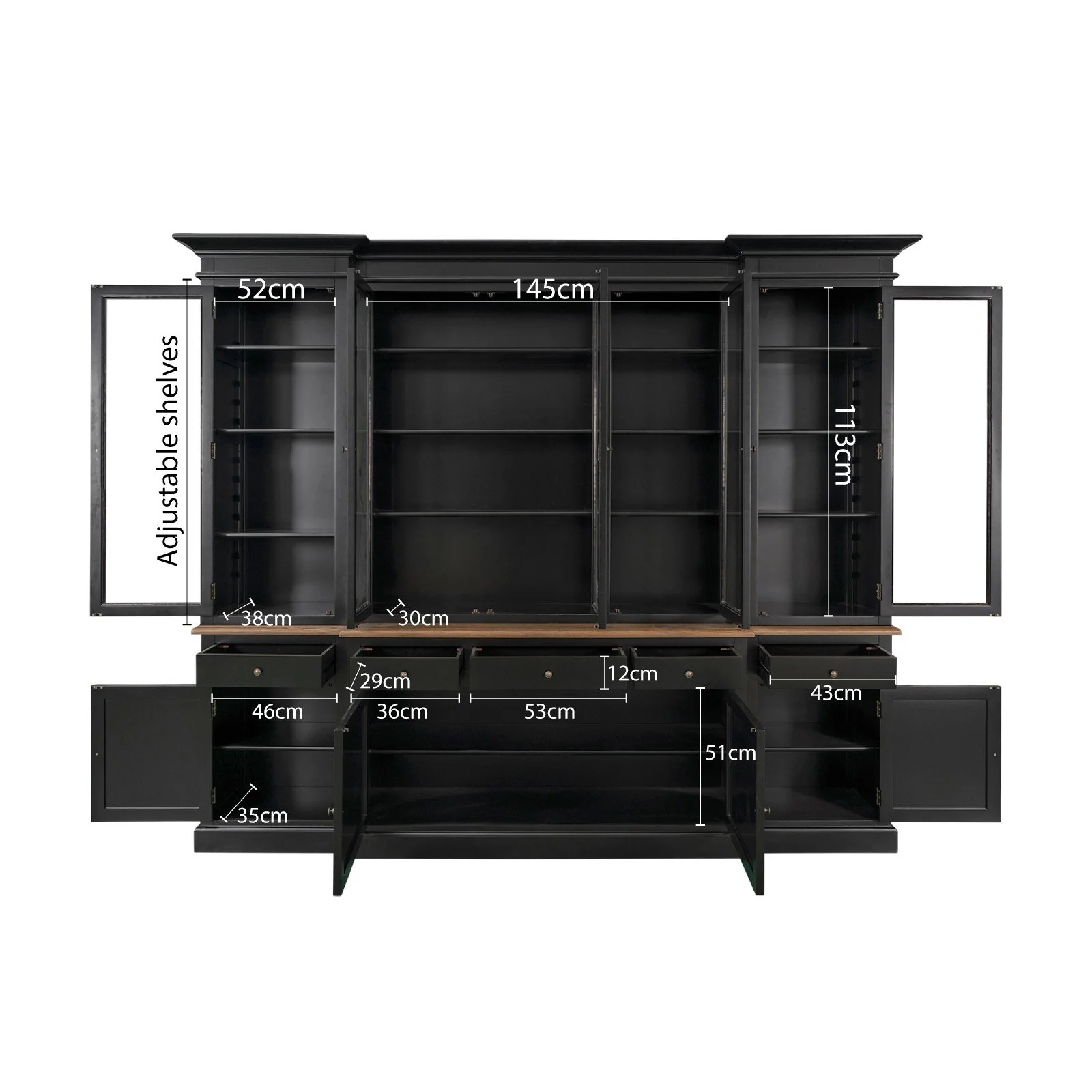 Hamptons Buffet & Hutch Glass Door Library Bookcase/ Display Cupboard with Oak Timber Top (Black/White) - Image 17
