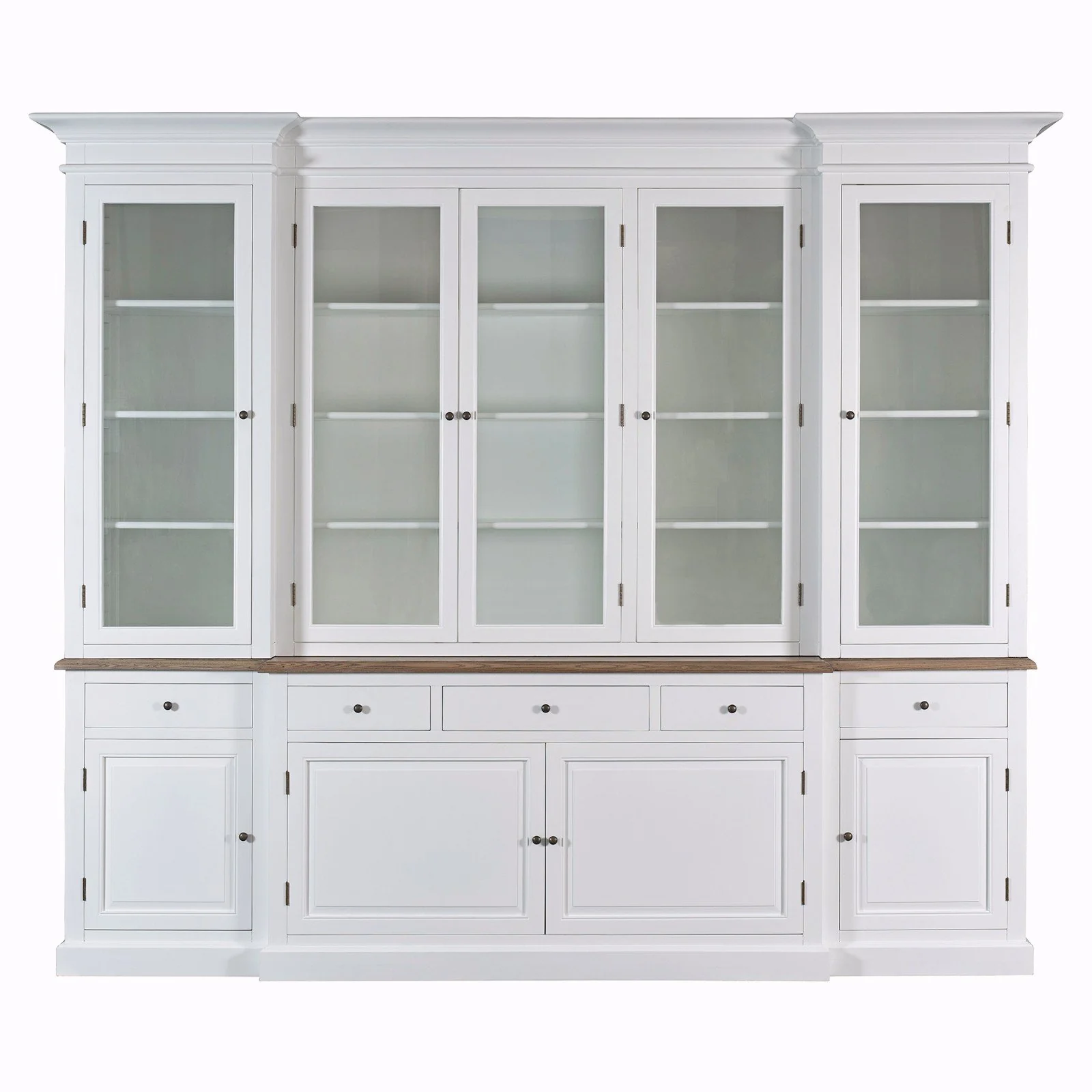 Hamptons Buffet & Hutch Glass Door Library Bookcase/ Display Cupboard with Oak Timber Top (Black/White) - Image 18