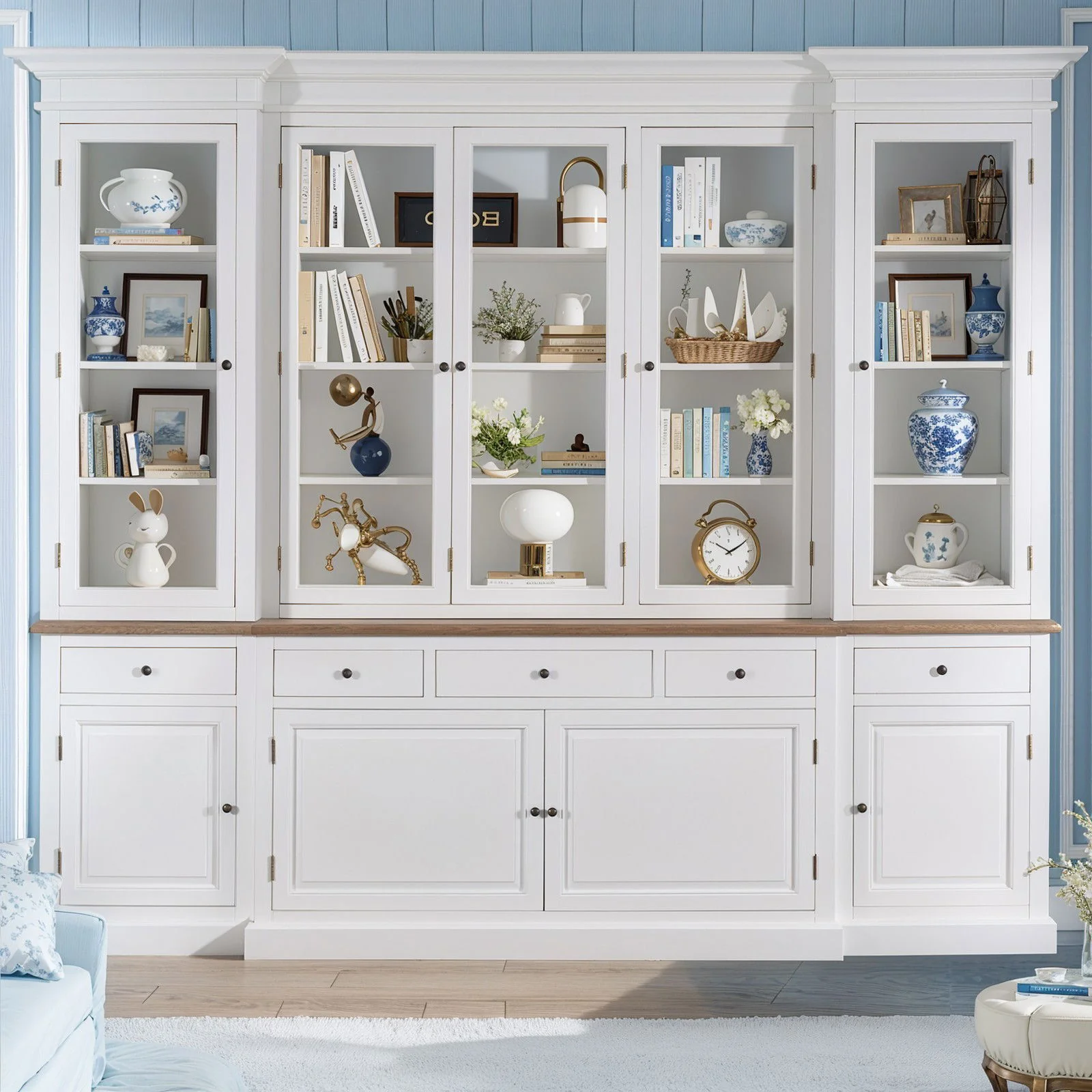 Hamptons Buffet & Hutch Glass Door Library Bookcase/ Display Cupboard with Oak Timber Top (Black/White) - Image 19