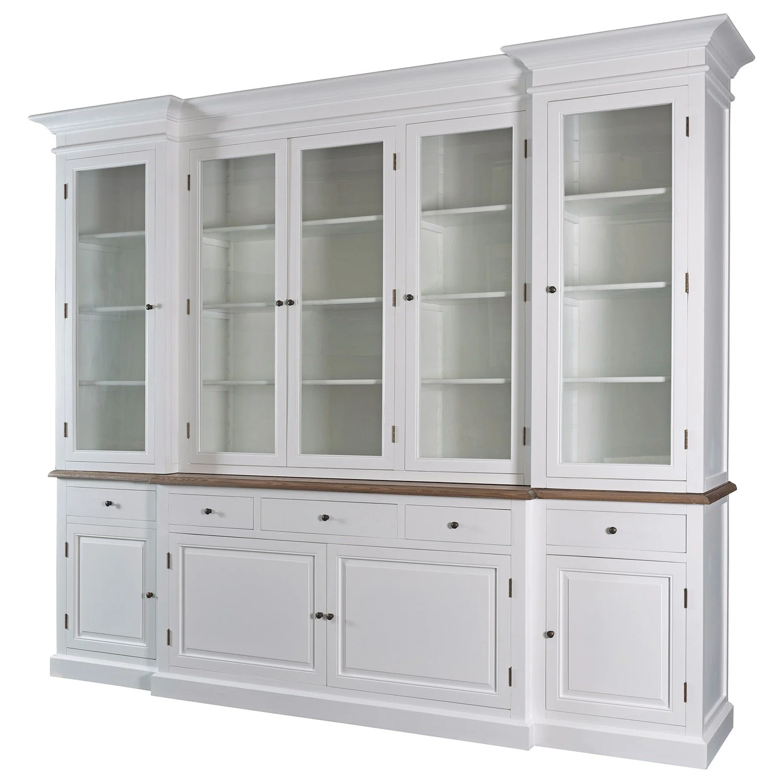 Hamptons Buffet & Hutch Glass Door Library Bookcase/ Display Cupboard with Oak Timber Top (Black/White) - Image 20
