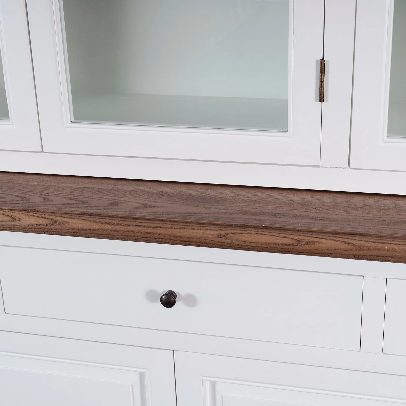 Hamptons Buffet & Hutch Glass Door Library Bookcase/ Display Cupboard with Oak Timber Top (Black/White) - Image 27