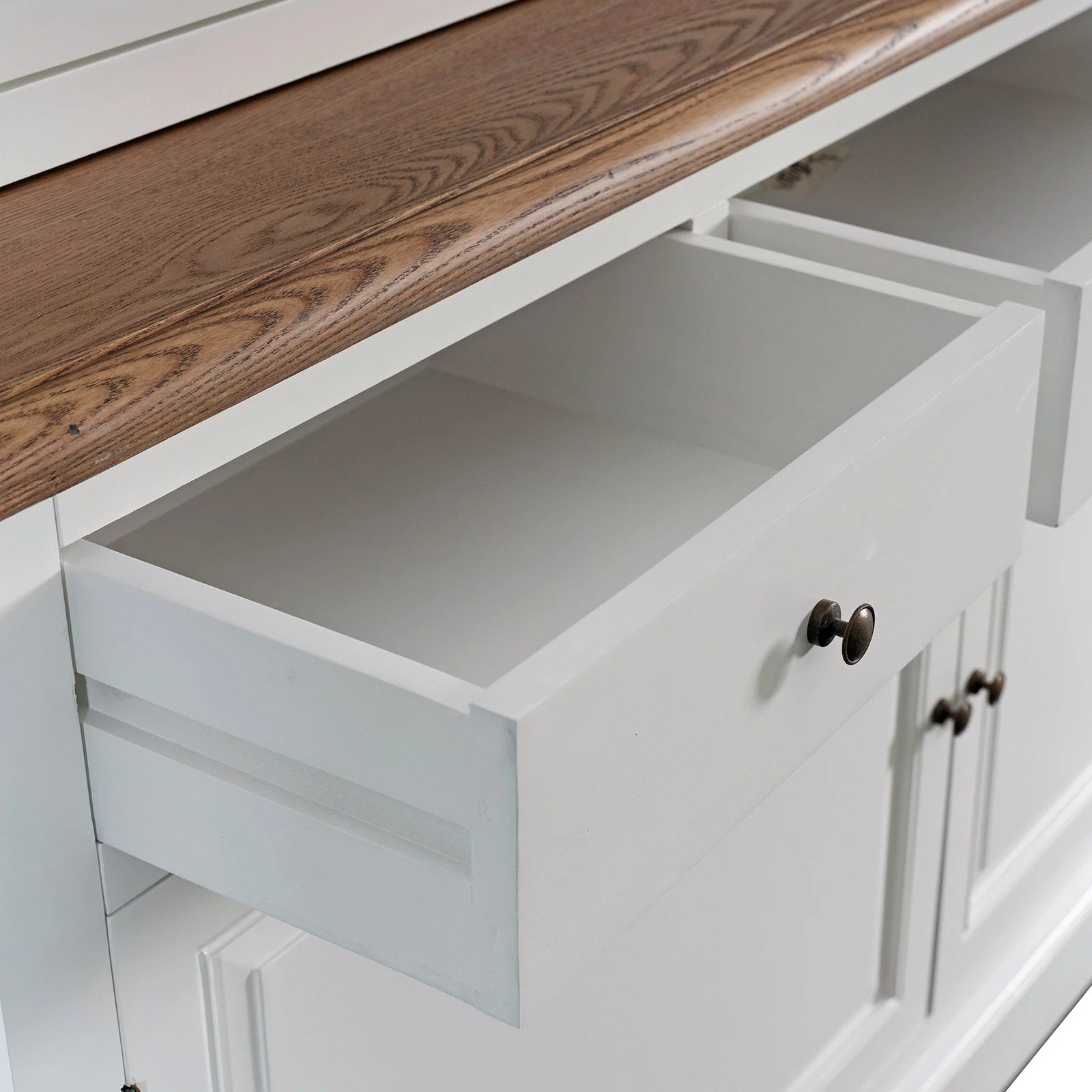 Hamptons Buffet & Hutch Glass Door Library Bookcase/ Display Cupboard with Oak Timber Top (Black/White) - Image 28