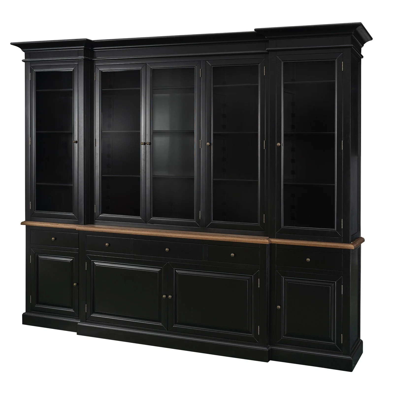 Hamptons Buffet & Hutch Glass Door Library Bookcase/ Display Cupboard with Oak Timber Top (Black/White) - Image 3