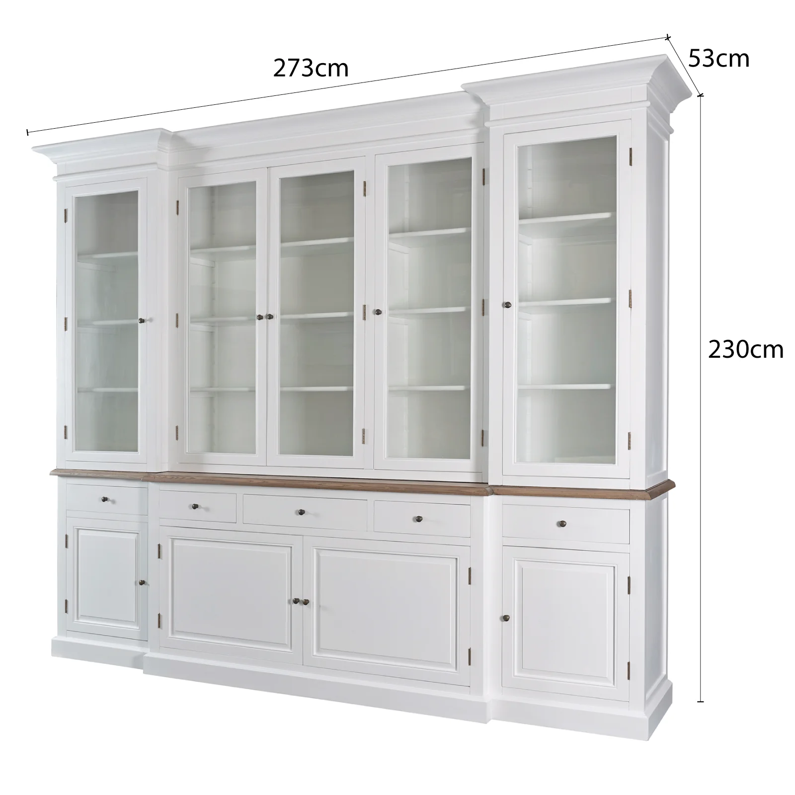 Hamptons Buffet & Hutch Glass Door Library Bookcase/ Display Cupboard with Oak Timber Top (Black/White) - Image 32