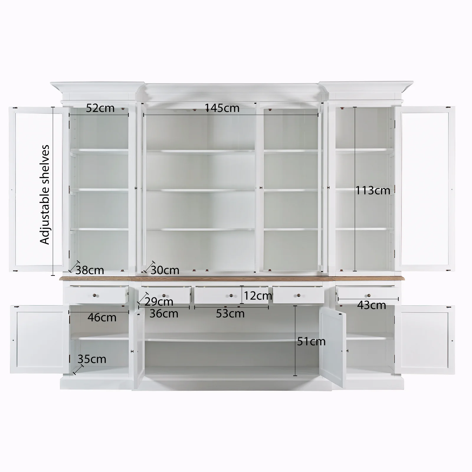 Hamptons Buffet & Hutch Glass Door Library Bookcase/ Display Cupboard with Oak Timber Top (Black/White) - Image 33