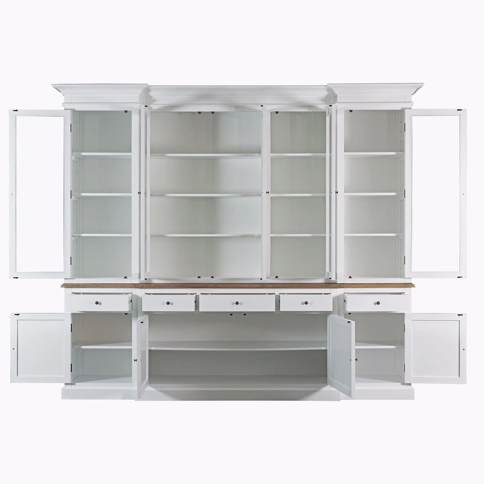 Hamptons Buffet & Hutch Glass Door Library Bookcase/ Display Cupboard with Oak Timber Top (Black/White) - Image 34