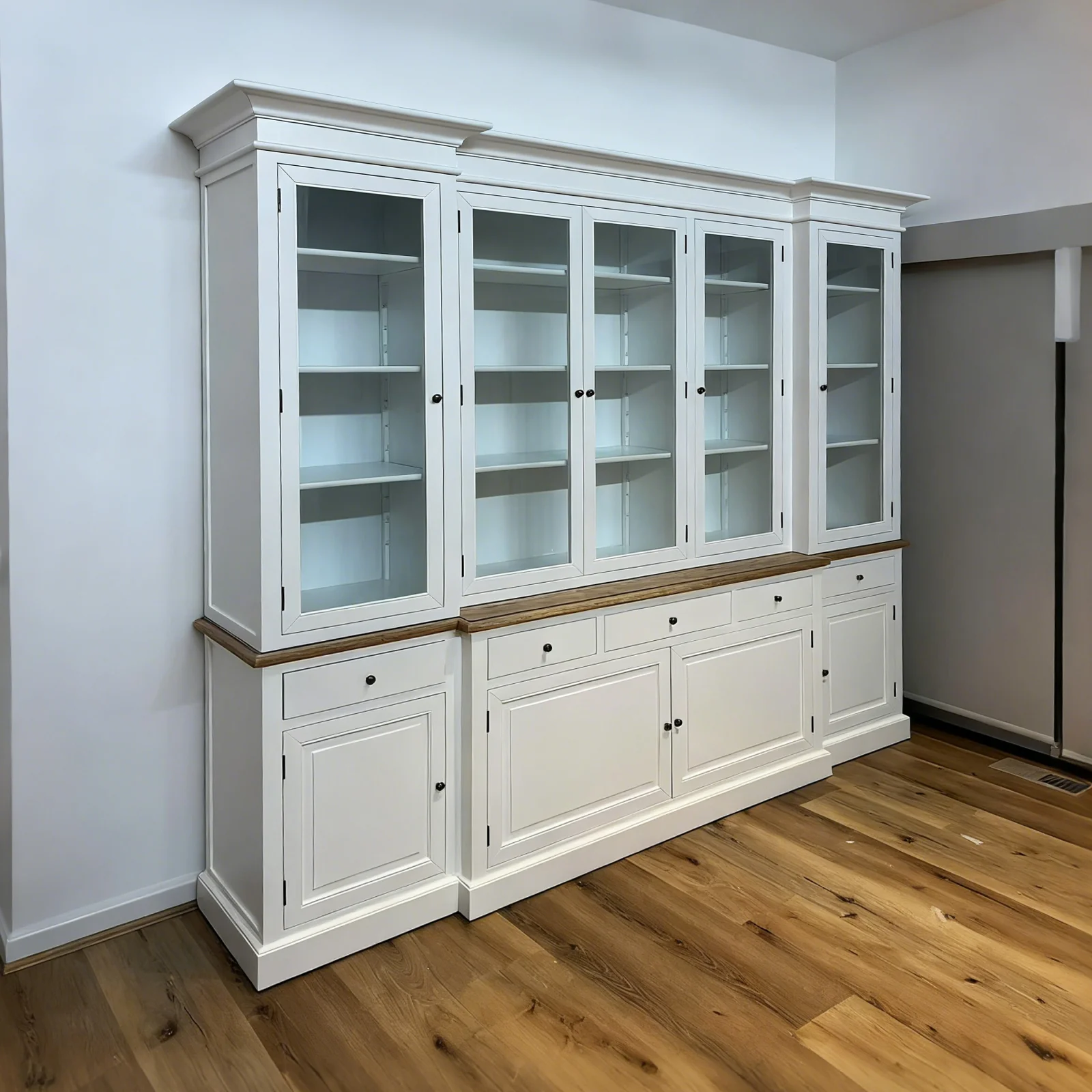 Hamptons Buffet & Hutch Glass Door Library Bookcase/ Display Cupboard with Oak Timber Top (Black/White) - Image 35