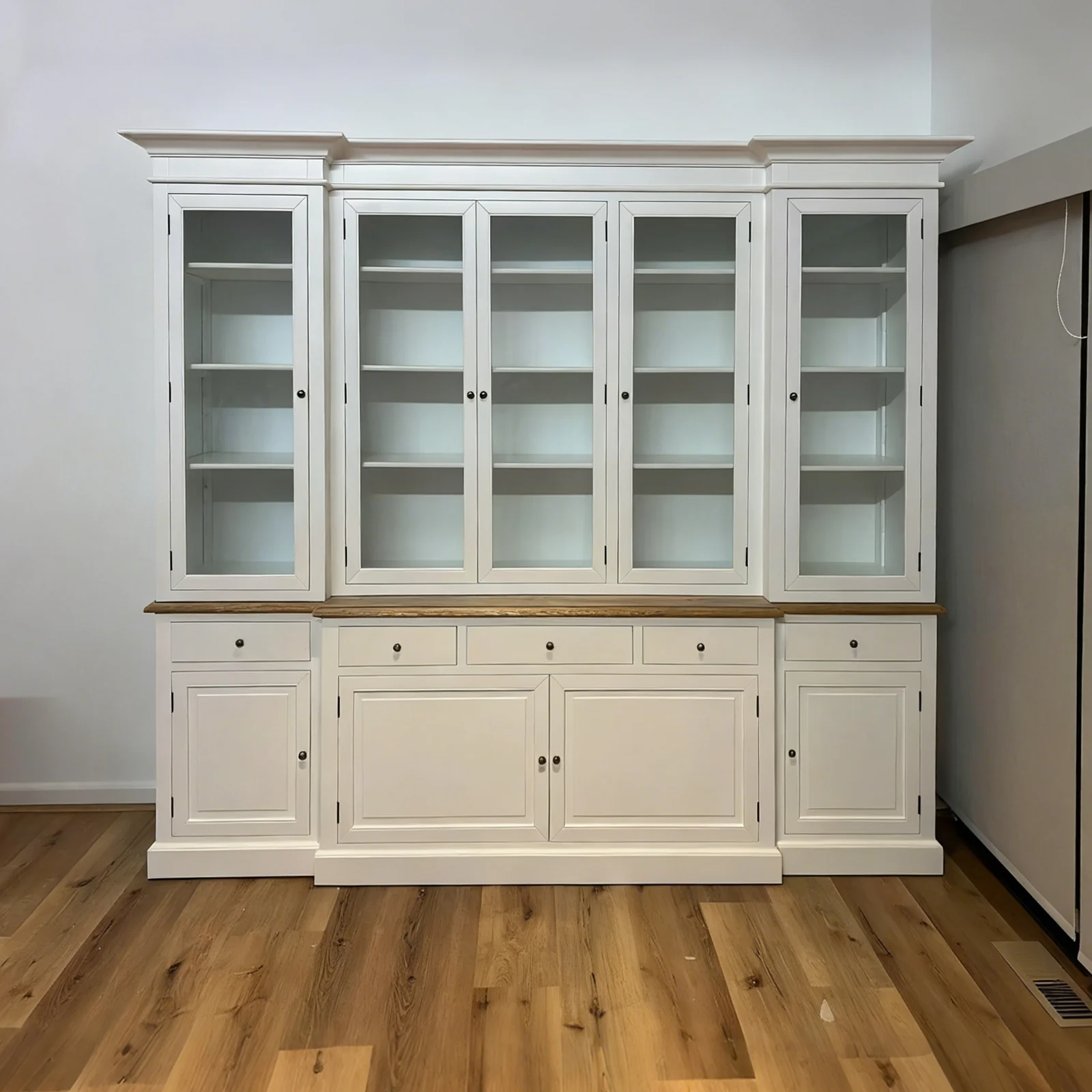 Hamptons Buffet & Hutch Glass Door Library Bookcase/ Display Cupboard with Oak Timber Top (Black/White) - Image 36