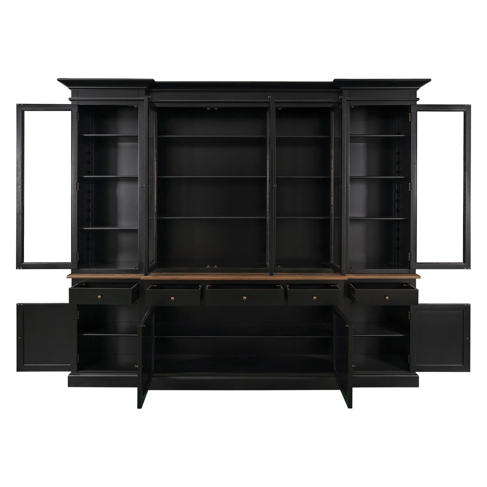 Hamptons Buffet & Hutch Glass Door Library Bookcase/ Display Cupboard with Oak Timber Top (Black/White) - Image 4
