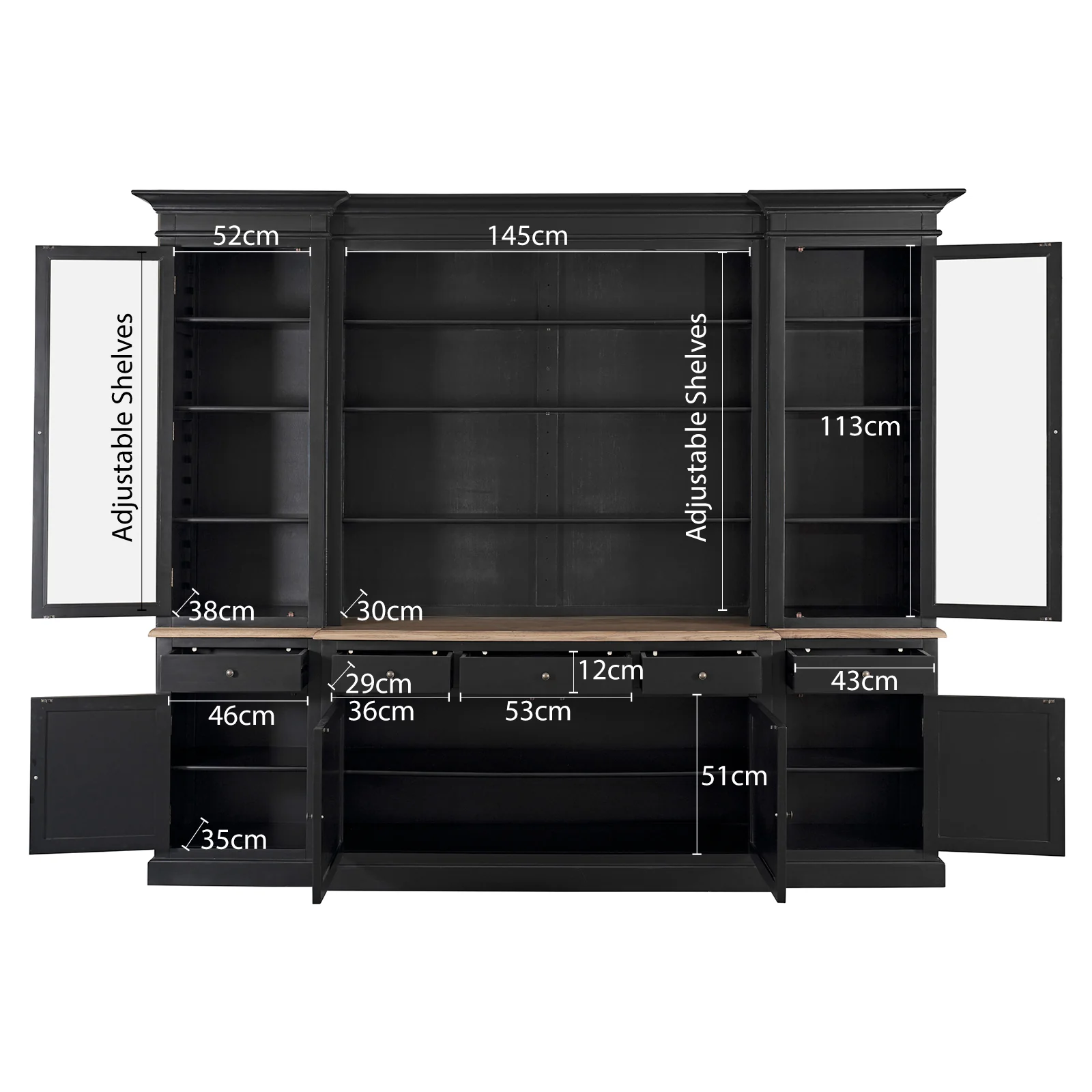 Hamptons Sorrento Buffet Sideboard Glass Hutch Open Bookcase - Image 12