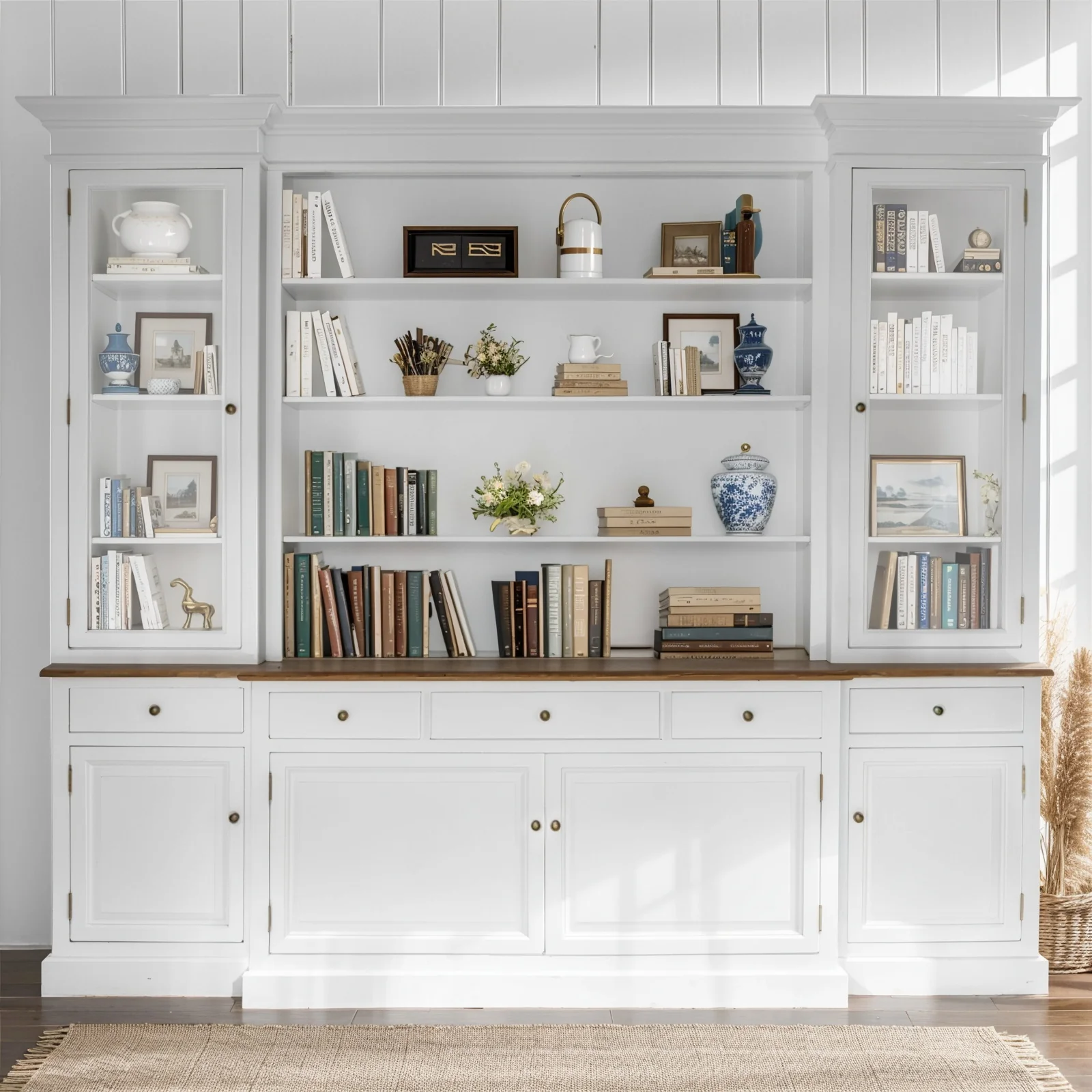 Hamptons Sorrento Buffet Sideboard Glass Hutch Open Bookcase - Image 28
