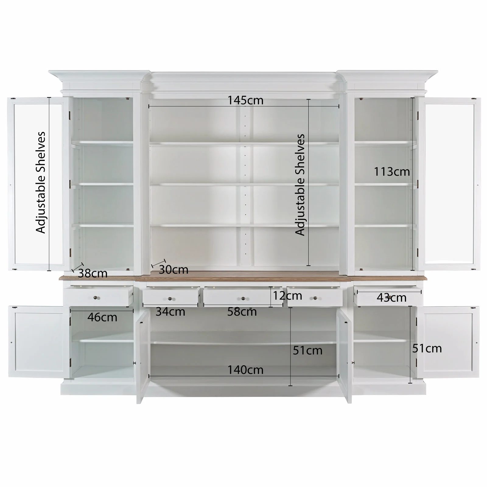 Hamptons Sorrento Buffet Sideboard Glass Hutch Open Bookcase - Image 33