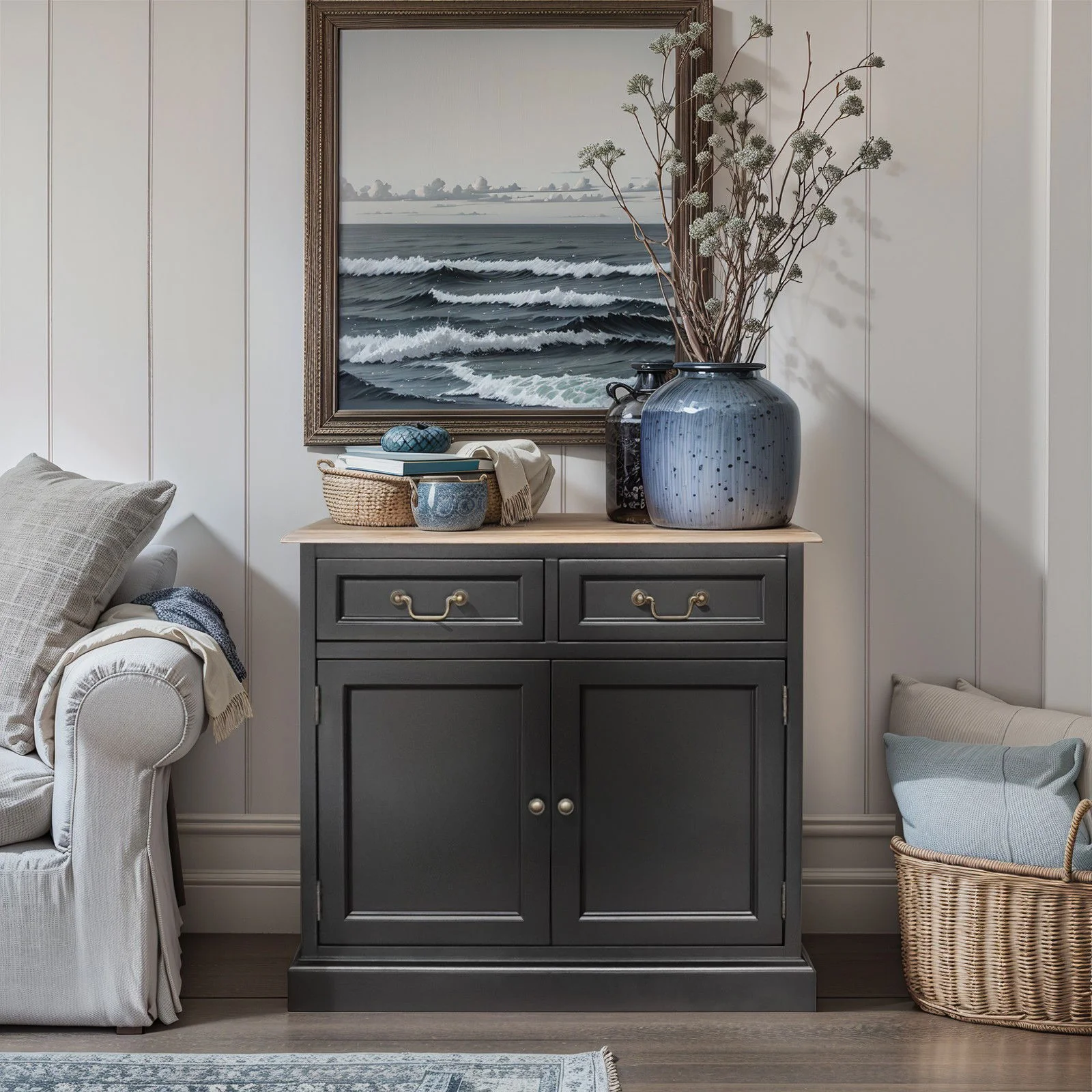 Hamptons Sorrento 2-Drawer Storage Cupboard Cabinet Natural Top - Image 5