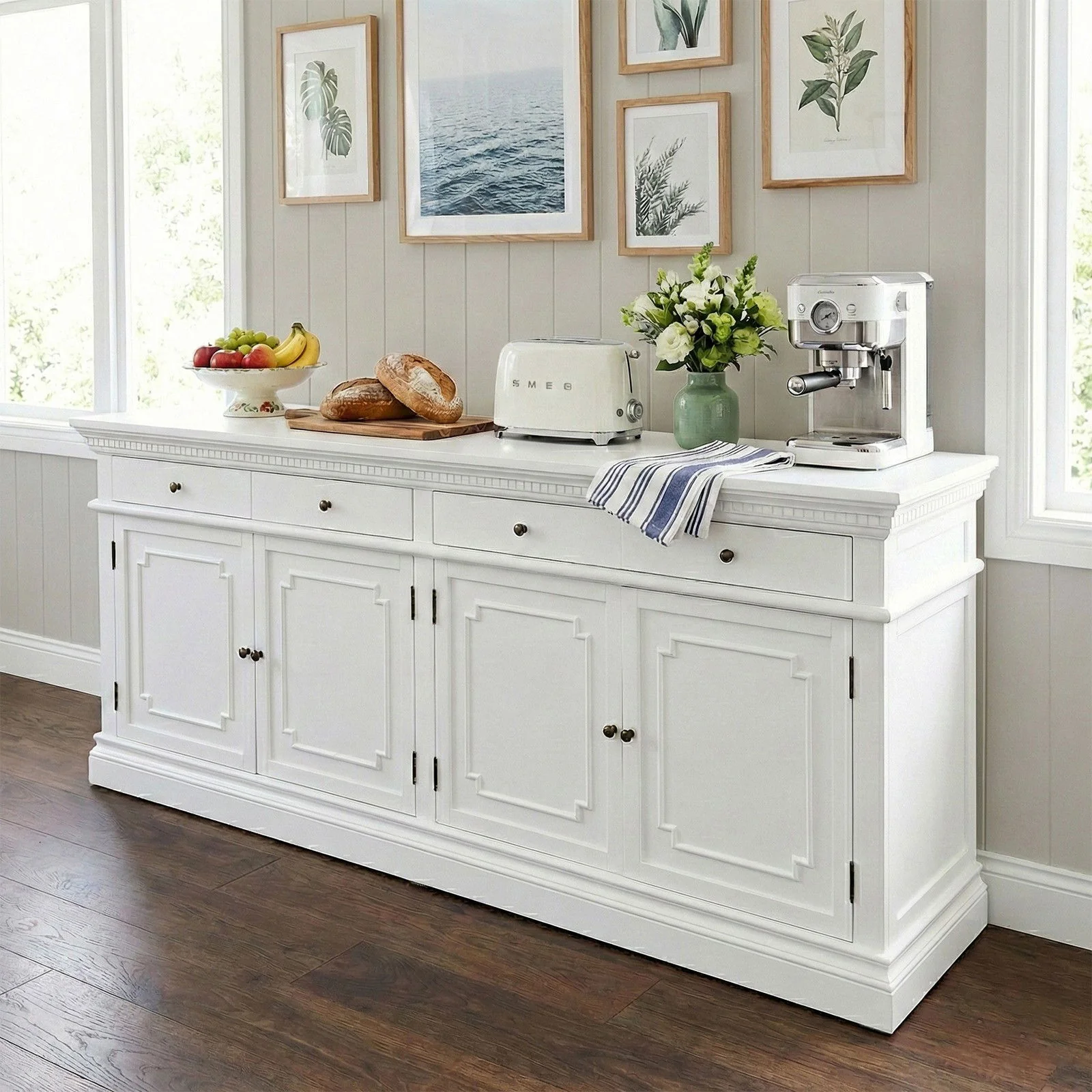 New England Hamptons 4 Drawers 4 Doors Sideboard Buffet & Console Cabinet - Image 11