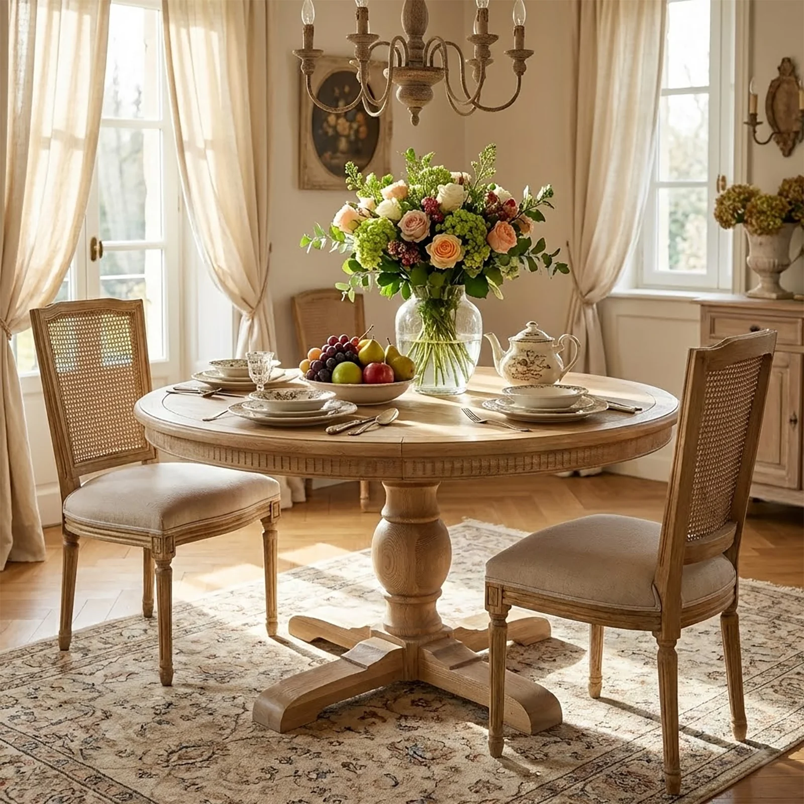 New England Hamptons Round Dining Table with Dentil Molding in Natural Ash Pedestal Base 150cm-190cm - Image 3
