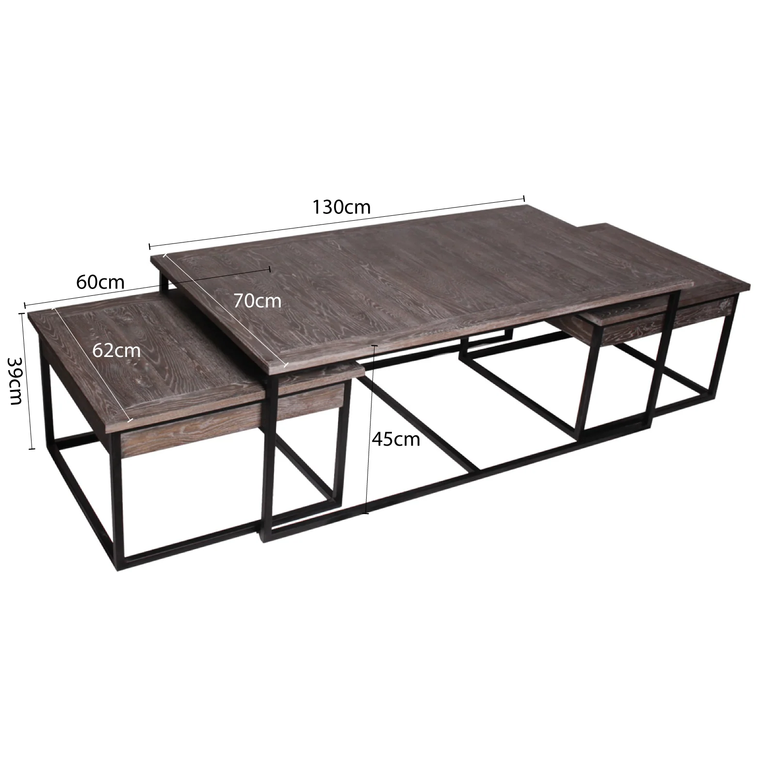 Urban Living Style 3-Piece Oak Wood & Iron Square Nesting Coffee Table Set - Image 4