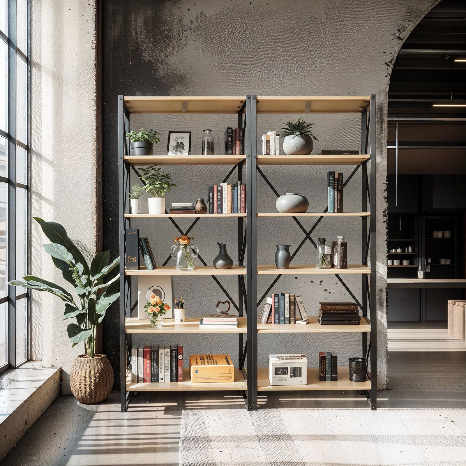 Urban Living Style 5-Tier Open Bookcase – Natural Oak Shelves with Black Iron Cross-Back Frame - Image 3