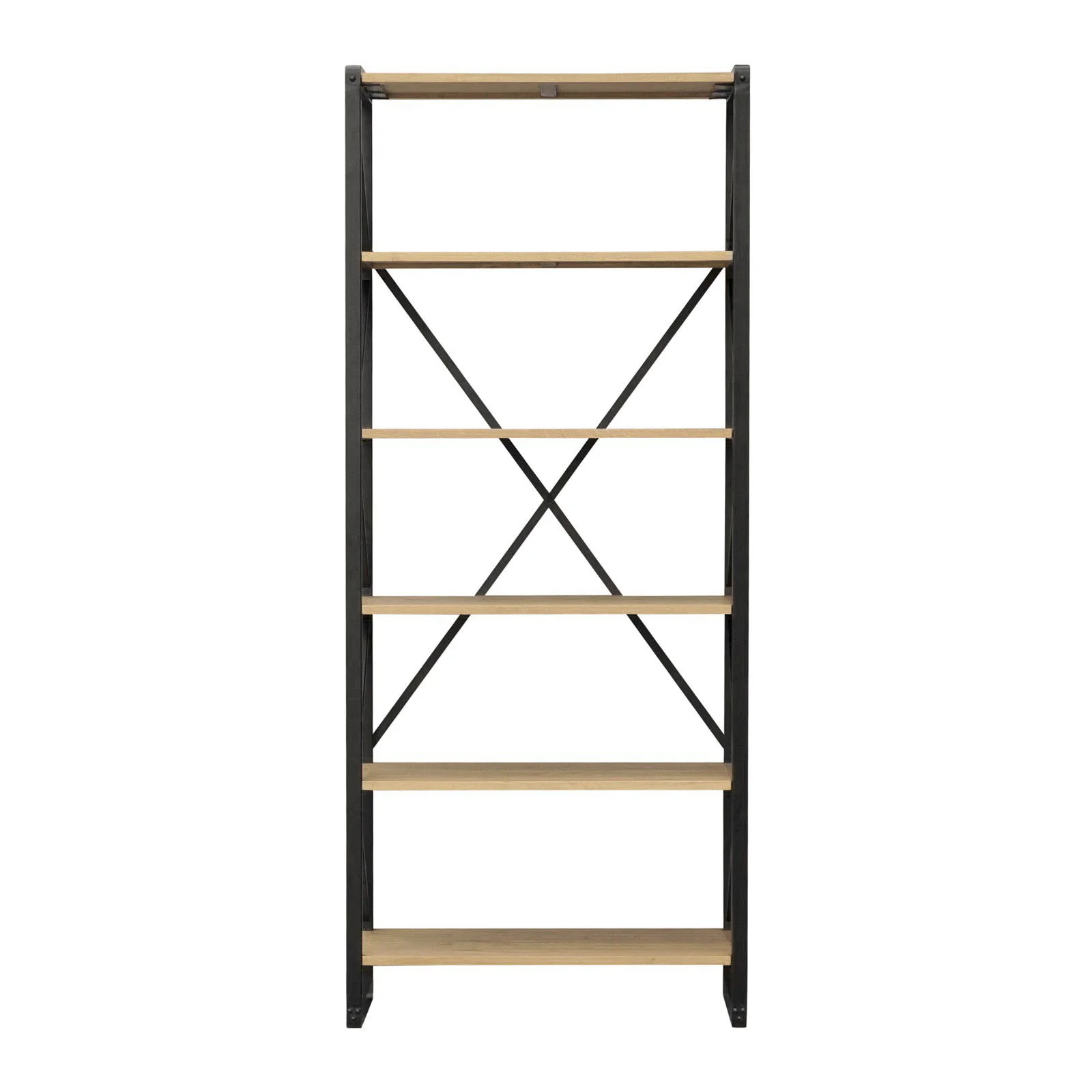 Urban Living Style 5-Tier Open Bookcase – Natural Oak Shelves with Black Iron Cross-Back Frame - Image 4