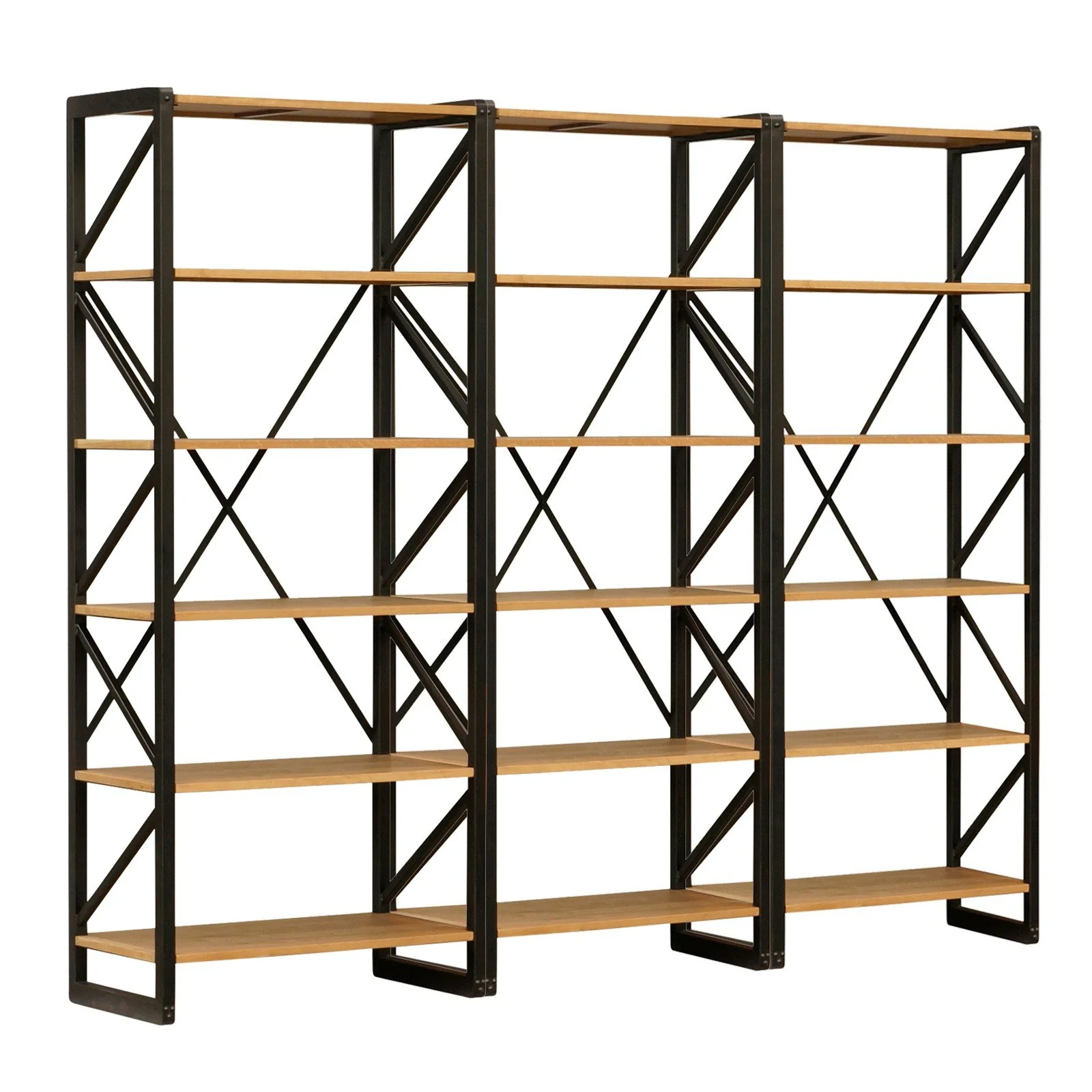 Urban Living Style 5-Tier Open Bookcase – Natural Oak Shelves with Black Iron Cross-Back Frame - Image 6