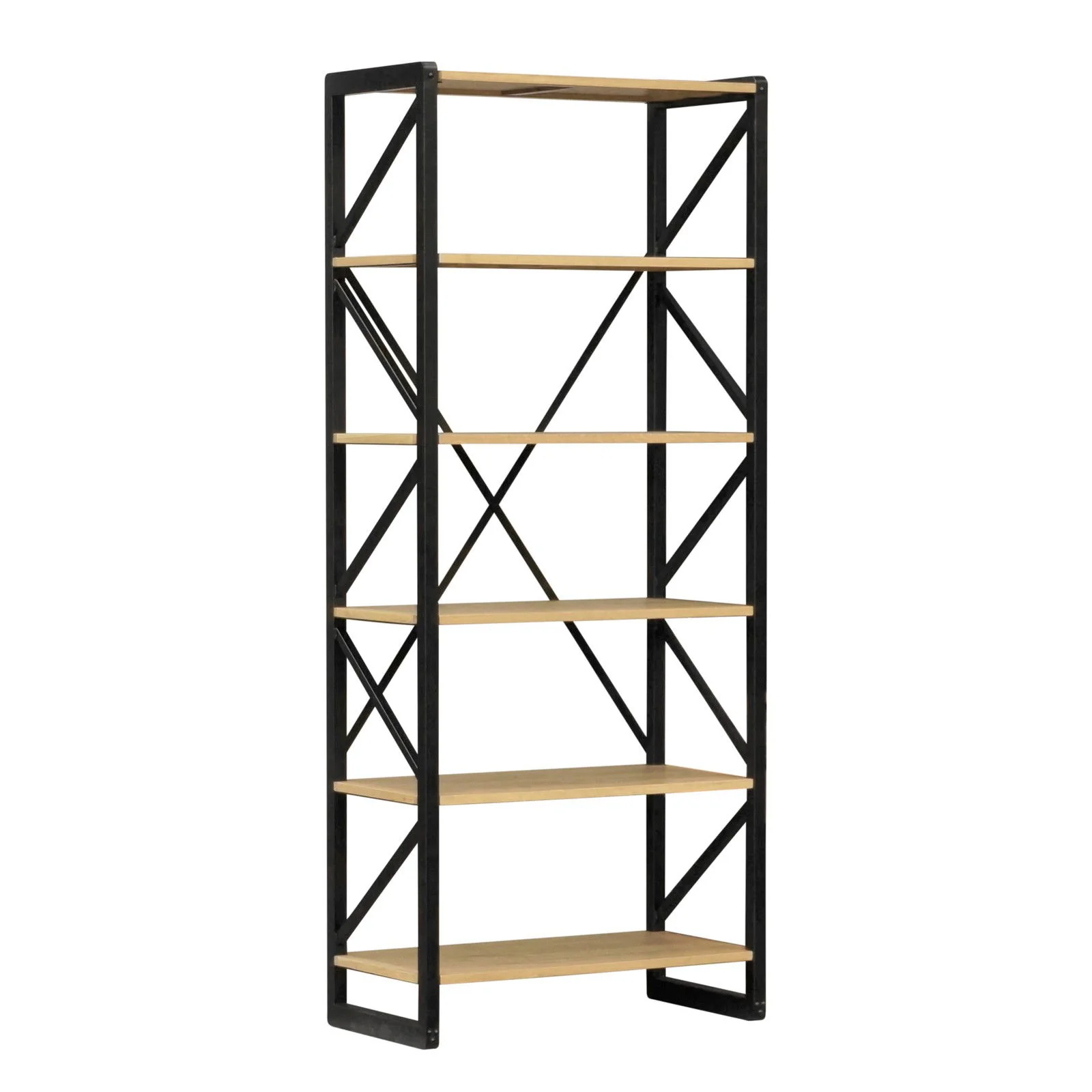 Urban Living Style 5-Tier Open Bookcase – Natural Oak Shelves with Black Iron Cross-Back Frame - Image 7