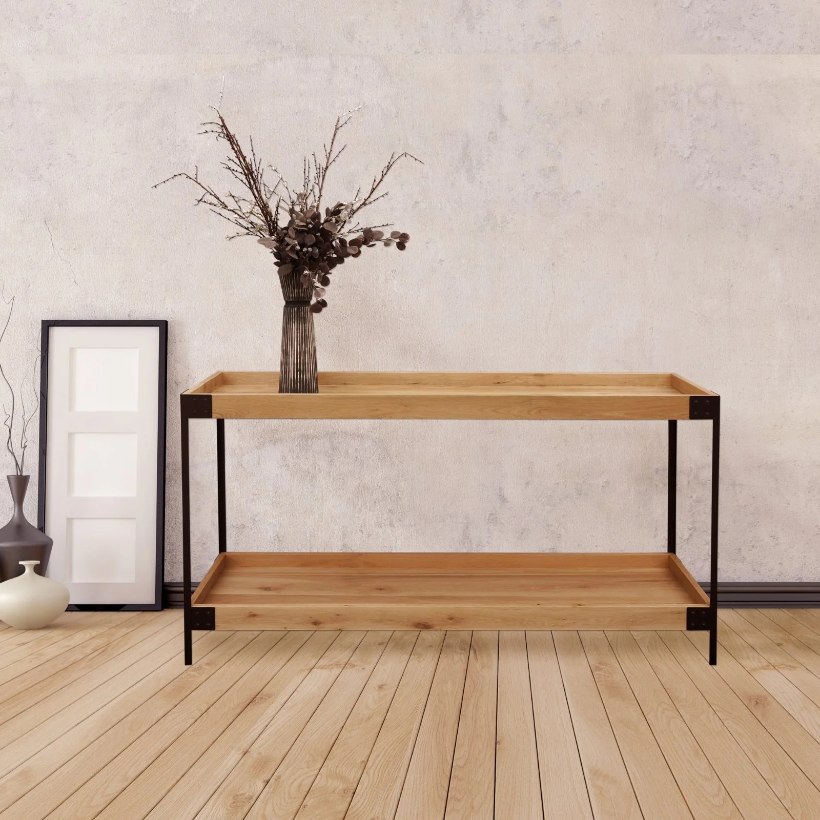 Urban Living Style Loft Two-Tier Solid Oak Timber Console Table with Black Metal Frame - Image 14